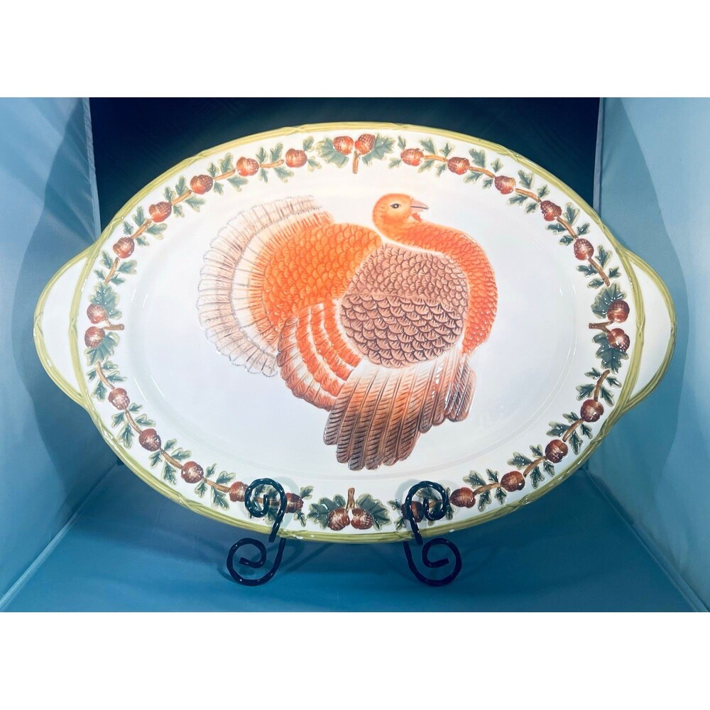 Global Designs Thanksgiving Turkey Oval Ceramic Platter Glossy 22 in Read